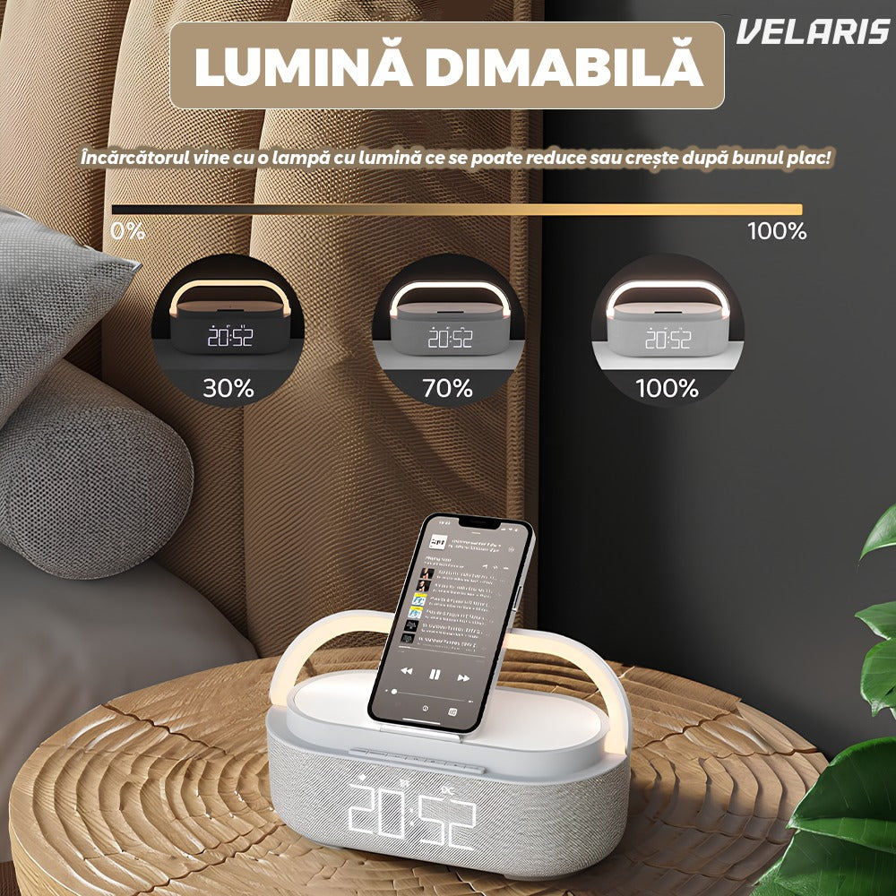 Difuzor portabil 3 în 1, ceas alarm + suport telefon, gri