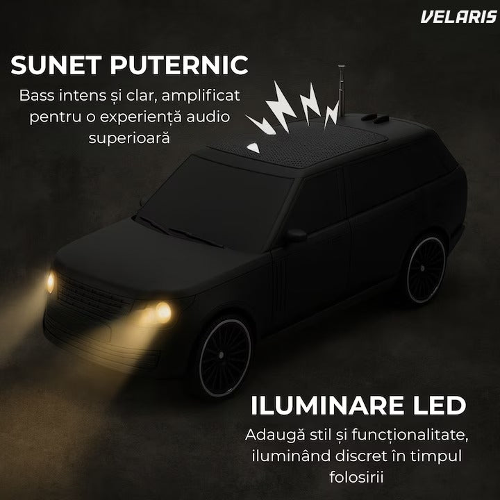 Boxă portabilă Bluetooth 5.0, design mașină, faruri iluminate, panou solar, suport telefon