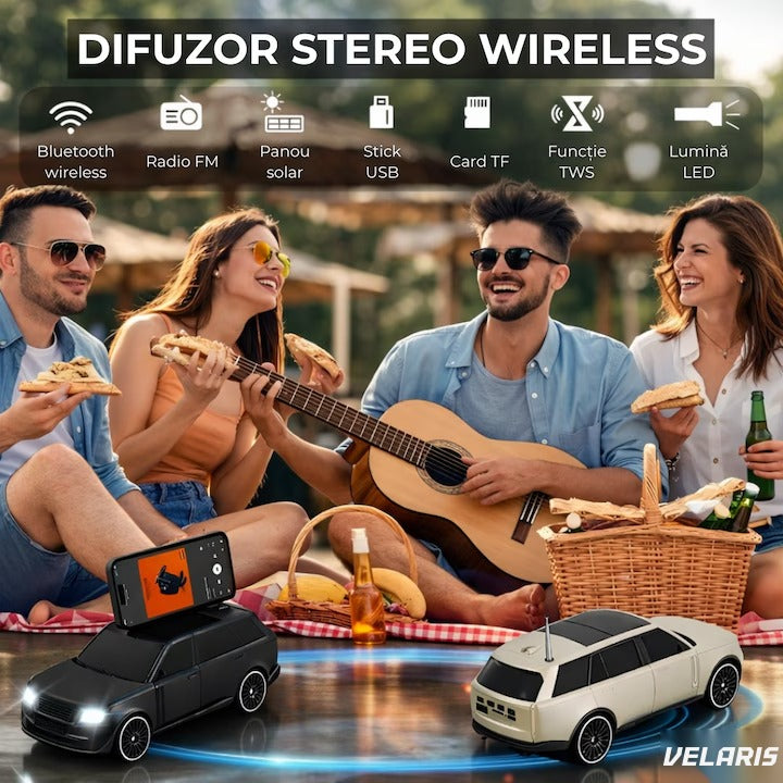 Boxă portabilă Bluetooth 5.0, design mașină, faruri iluminate, panou solar, suport telefon