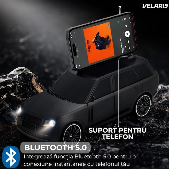 Boxă portabilă Bluetooth 5.0, design mașină, faruri iluminate, panou solar, suport telefon