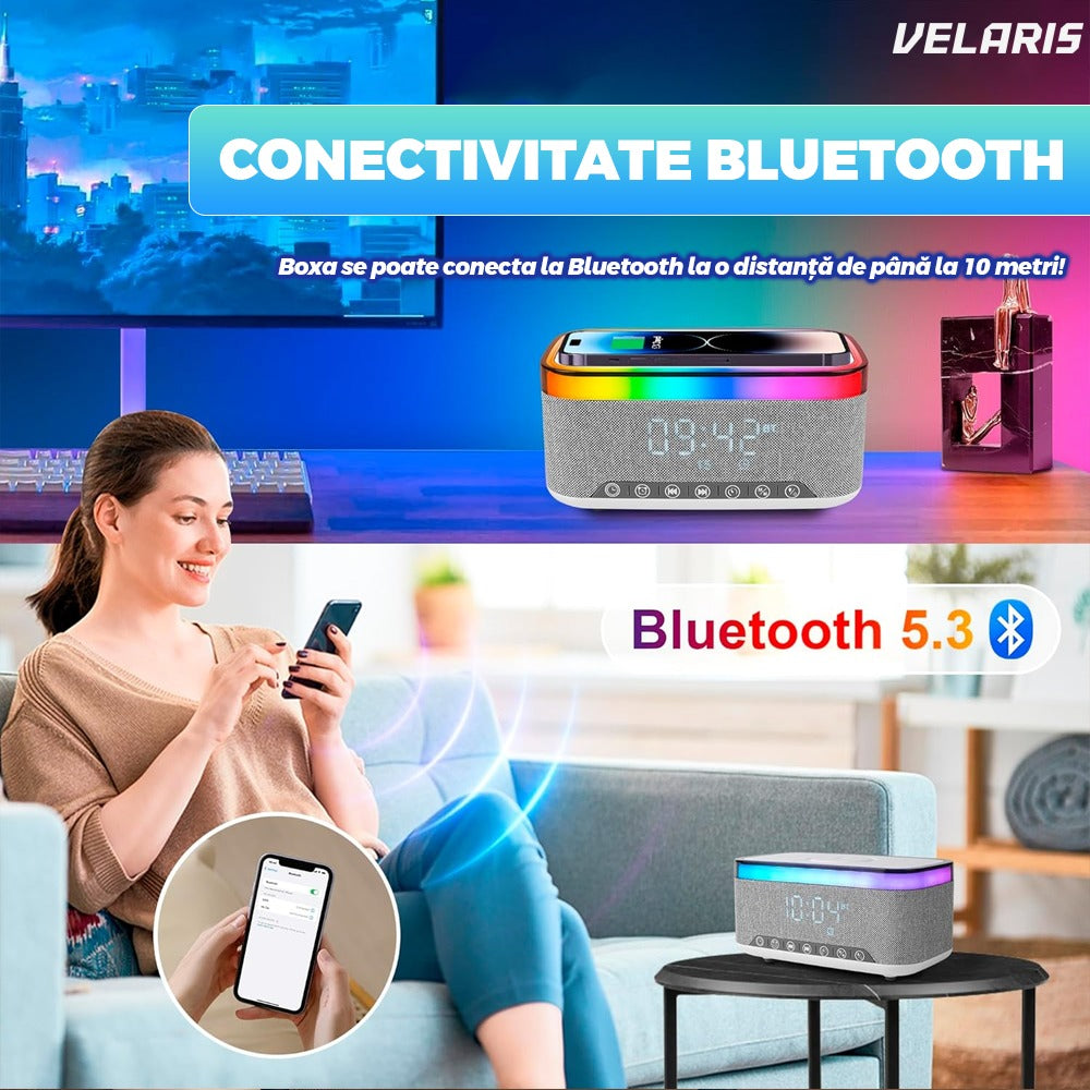 Boxă portabilă 3 în 1, Bluetooth 5.3, încărcător wireless, gri