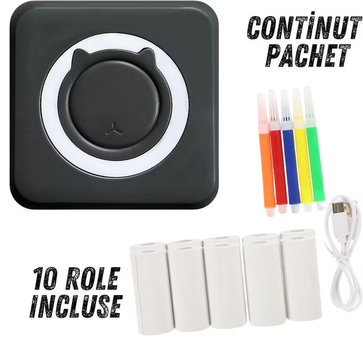 Imprimantă termică portabilă Bluetooth, negru, 1200 mAh, 10 role hârtie