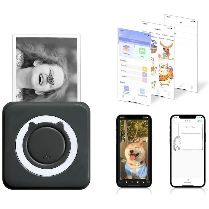 Imprimantă termică portabilă Bluetooth, negru, 1200 mAh, 10 role hârtie