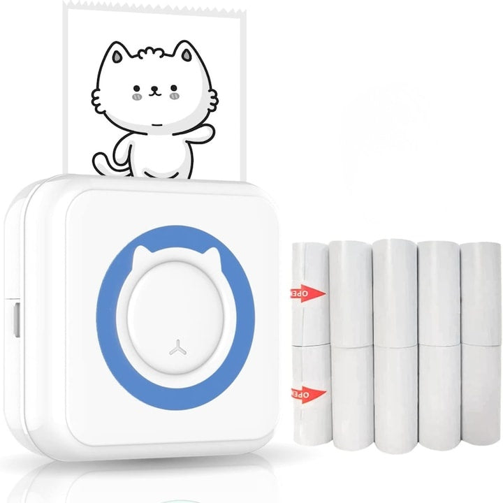 Imprimantă termică portabilă Bluetooth alb-albastră, 10 role hartie 57x25 mm