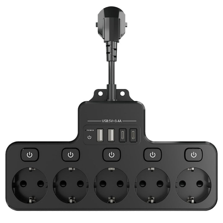 Prelungitor electric 4 prize Schuko, 4 porturi USB, control individual, 4000W, birou și casă