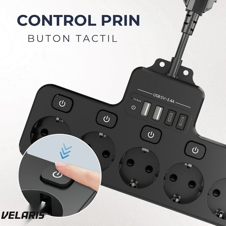 Prelungitor electric 4 prize Schuko, 4 porturi USB, control individual, 4000W, birou și casă