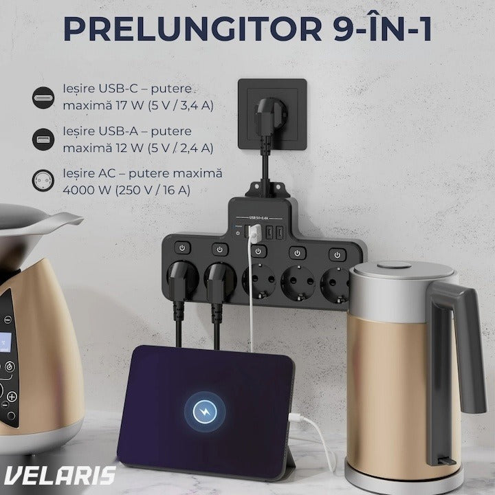 Prelungitor electric 4 prize Schuko, 4 porturi USB, control individual, 4000W, birou și casă