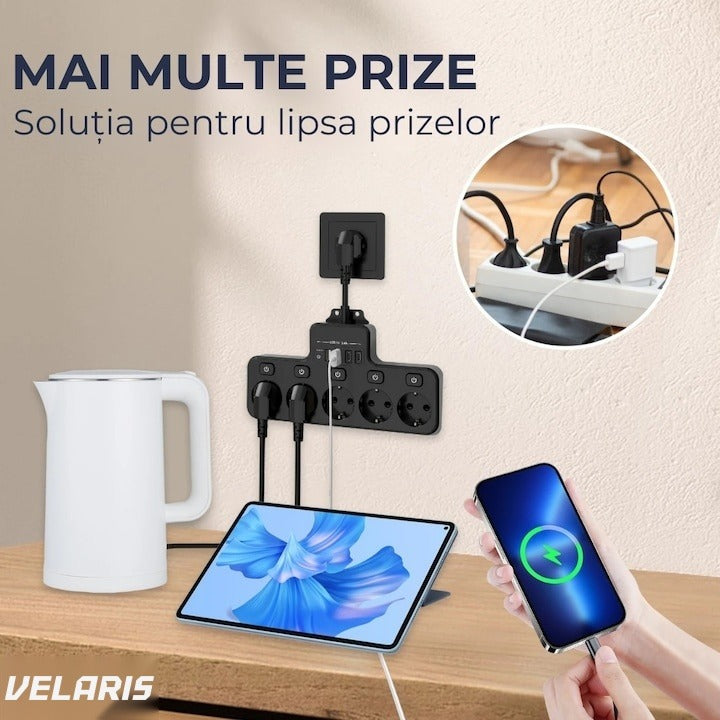 Prelungitor electric 4 prize Schuko, 4 porturi USB, control individual, 4000W, birou și casă