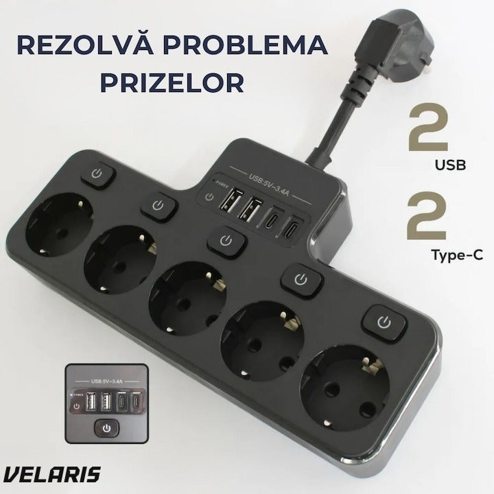 Prelungitor electric 4 prize Schuko, 4 porturi USB, control individual, 4000W, birou și casă