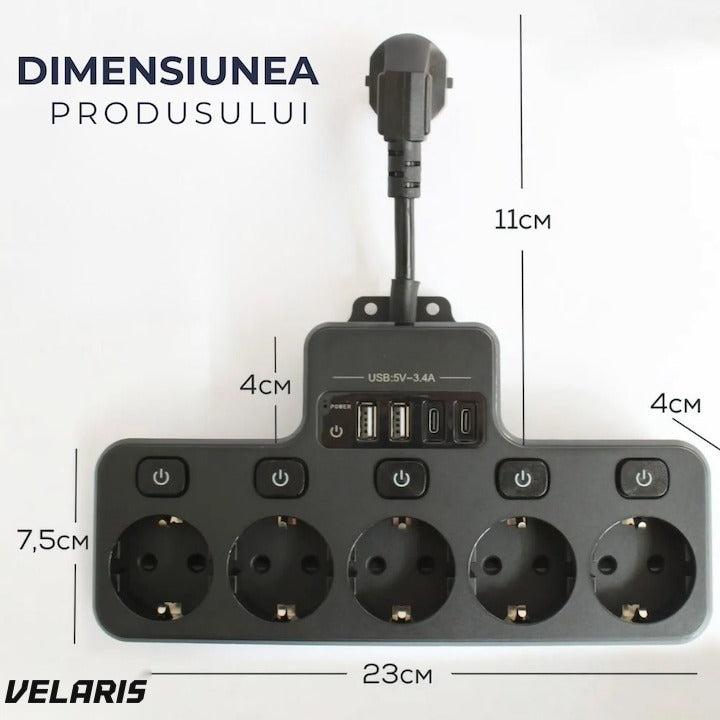 Prelungitor electric 4 prize Schuko, 4 porturi USB, control individual, 4000W, birou și casă
