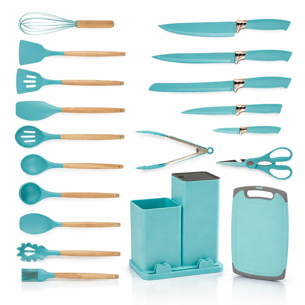 Set ustensile bucatarie silicon 19 piese cu suport cutite, tocator, linguri, spatule BPA-Free turcoaz
