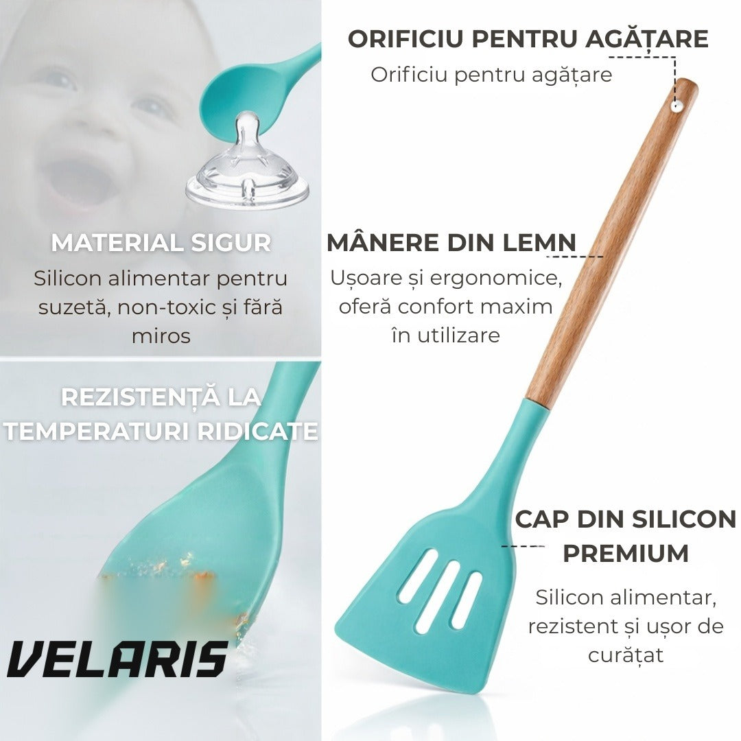Set ustensile bucatarie silicon 19 piese cu suport cutite, tocator, linguri, spatule BPA-Free turcoaz