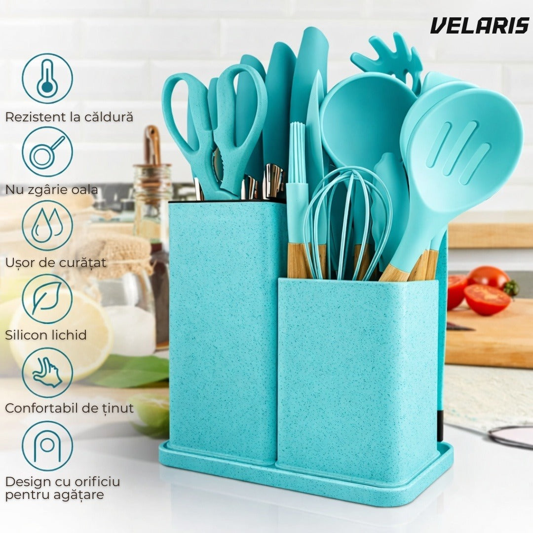 Set ustensile bucatarie silicon 19 piese cu suport cutite, tocator, linguri, spatule BPA-Free turcoaz