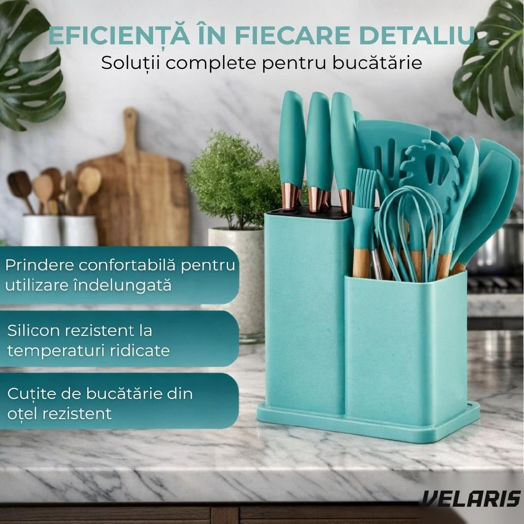Set ustensile bucatarie silicon 19 piese cu suport cutite, tocator, linguri, spatule BPA-Free turcoaz