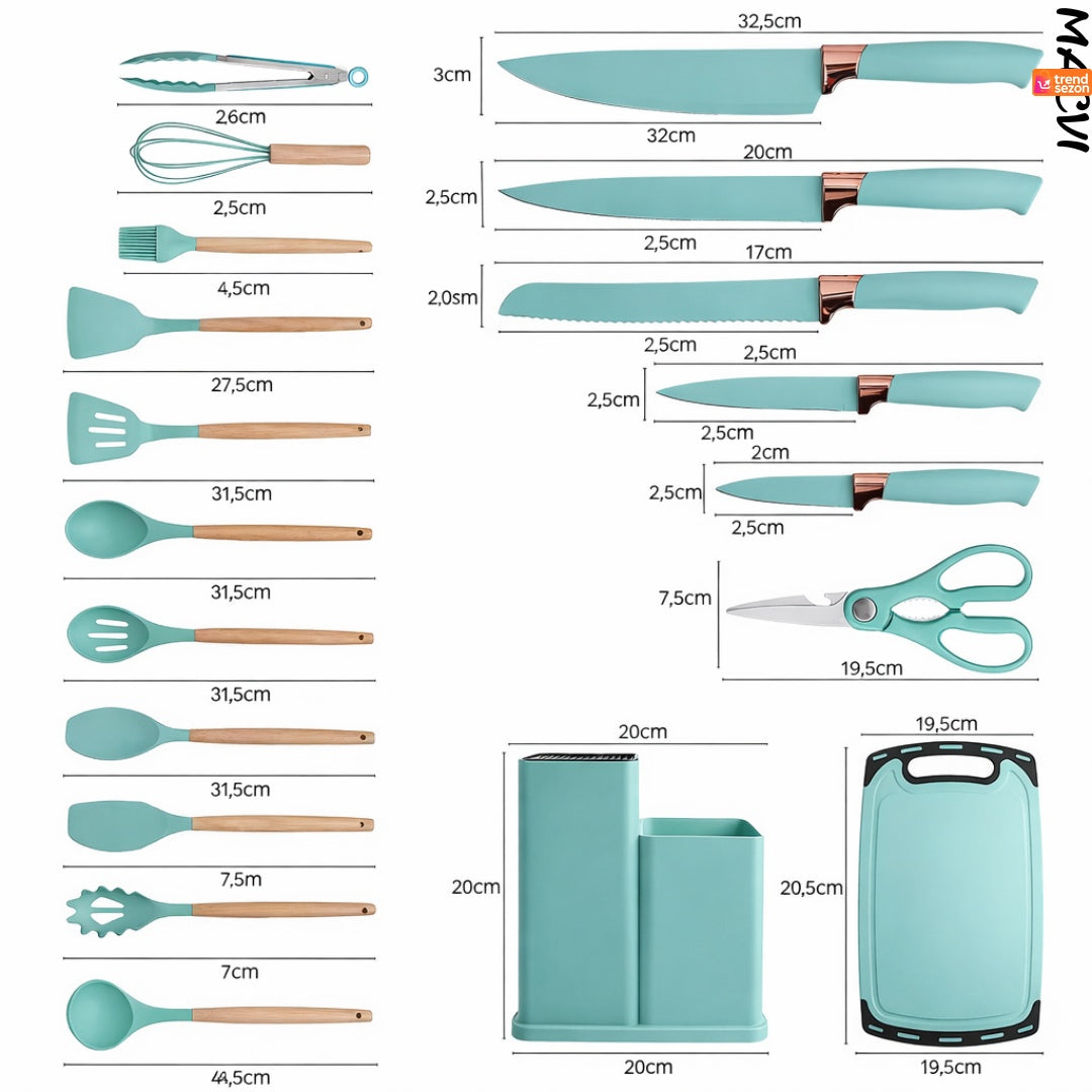 Set ustensile bucatarie silicon 19 piese cu suport cutite, tocator, linguri, spatule BPA-Free turcoaz