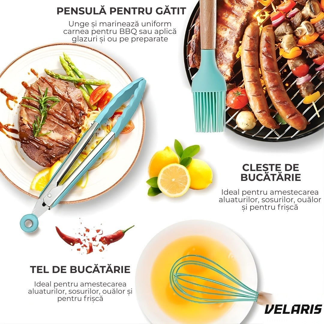 Set ustensile bucatarie silicon 19 piese cu suport cutite, tocator, linguri, spatule BPA-Free turcoaz