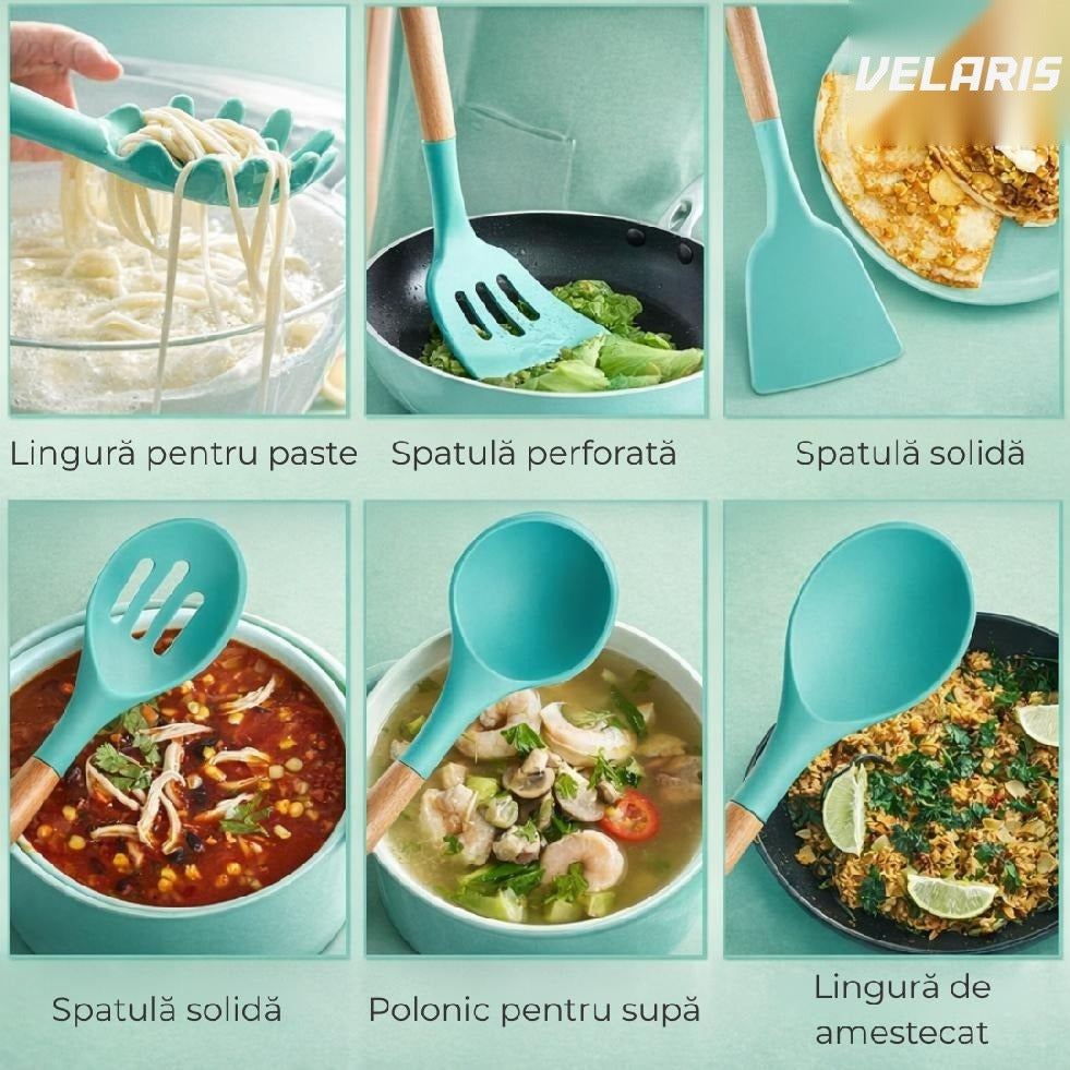 Set ustensile bucatarie silicon 19 piese cu suport cutite, tocator, linguri, spatule BPA-Free turcoaz