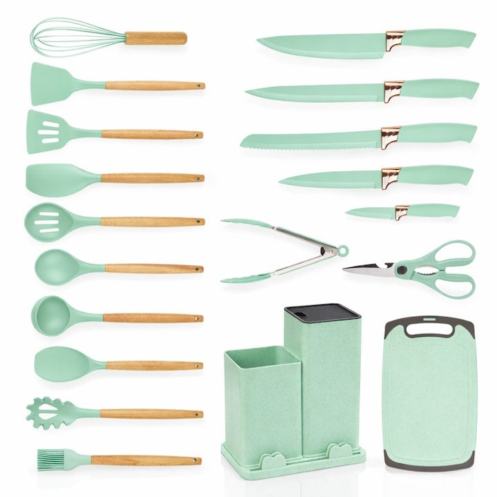 Set ustensile bucatarie silicon 19 piese cu suport cutite, tocator, linguri, spatule BPA-Free verde mentă