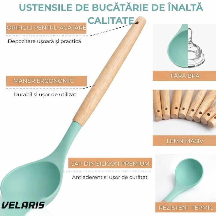 Set ustensile bucatarie silicon 19 piese cu suport cutite, tocator, linguri, spatule BPA-Free verde mentă