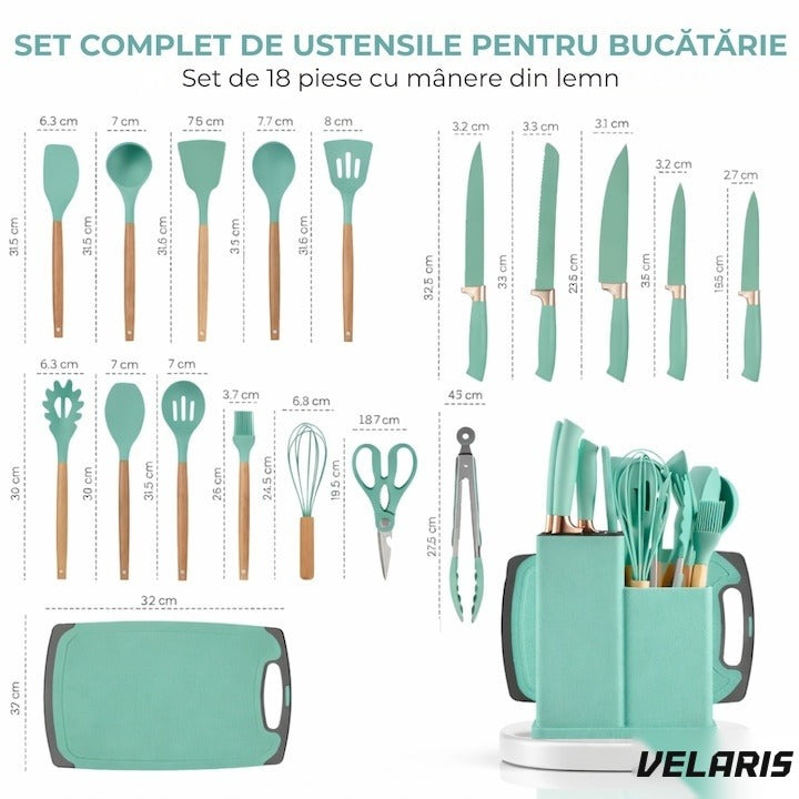 Set ustensile bucatarie silicon 19 piese cu suport cutite, tocator, linguri, spatule BPA-Free verde mentă