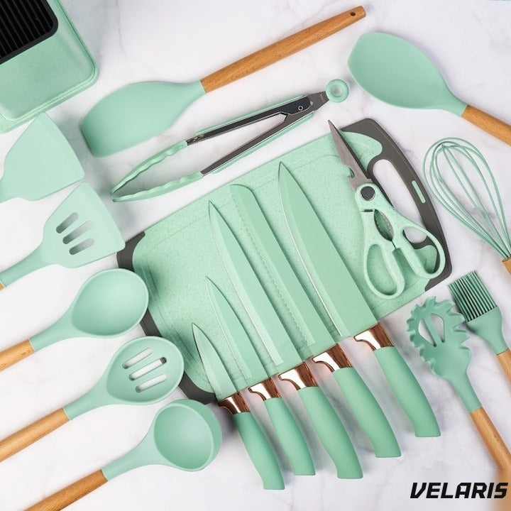 Set ustensile bucatarie silicon 19 piese cu suport cutite, tocator, linguri, spatule BPA-Free verde mentă