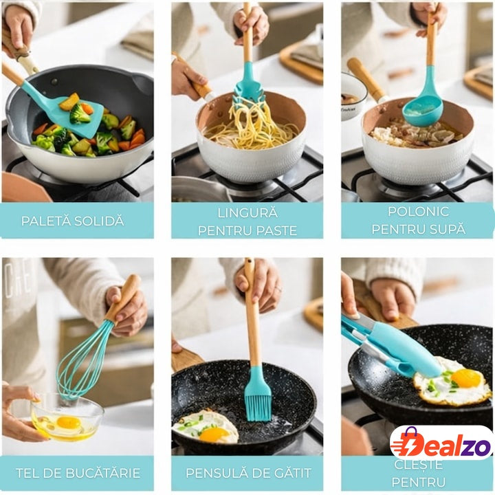 Set ustensile bucatarie silicon 19 piese cu suport cutite, tocator, linguri, spatule BPA-Free verde mentă
