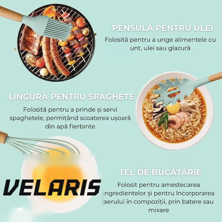 Set ustensile bucatarie silicon 19 piese cu suport cutite, tocator, linguri, spatule BPA-Free verde mentă