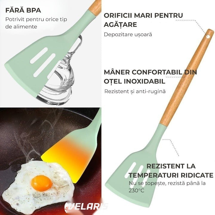 Set ustensile bucatarie silicon 19 piese cu suport cutite, tocator, linguri, spatule BPA-Free verde mentă