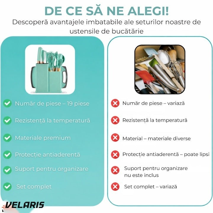 Set ustensile bucatarie silicon 19 piese cu suport cutite, tocator, linguri, spatule BPA-Free verde mentă
