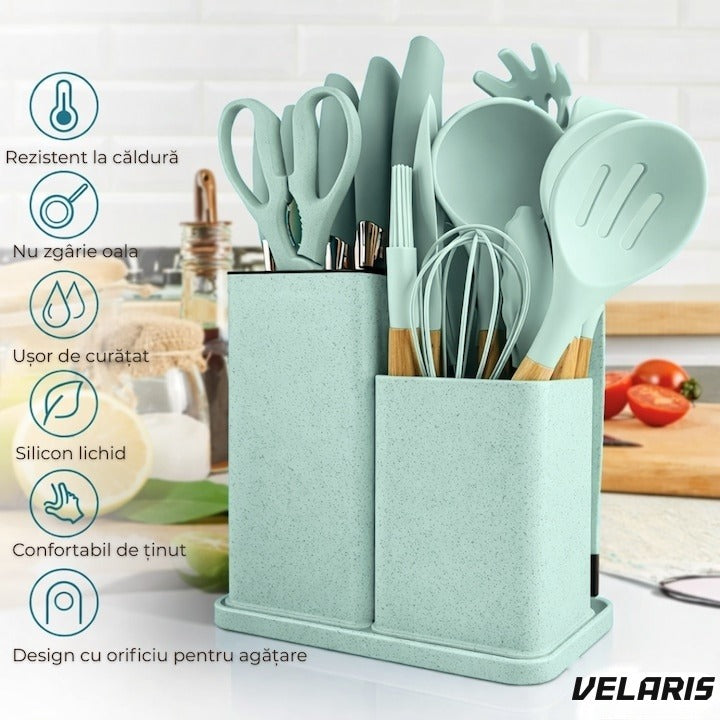 Set ustensile bucatarie silicon 19 piese cu suport cutite, tocator, linguri, spatule BPA-Free verde mentă