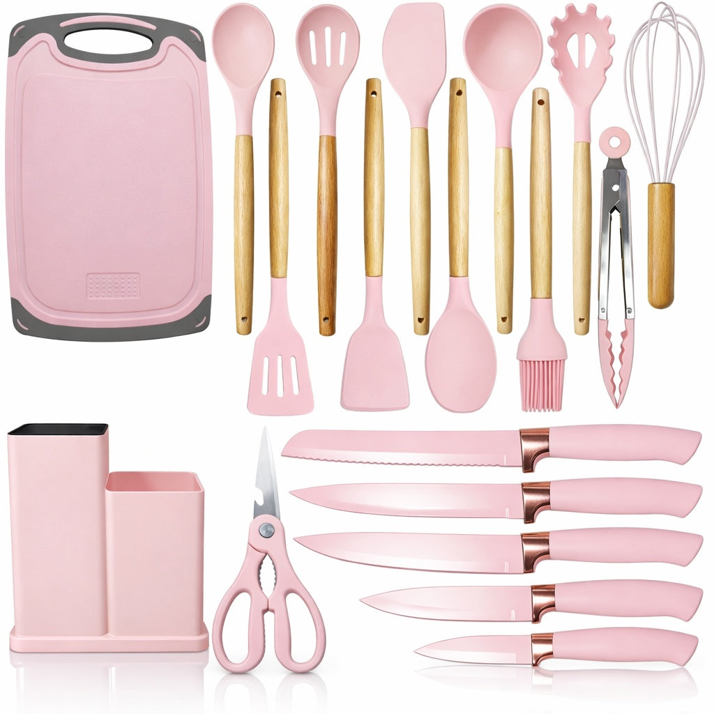 Set ustensile bucatarie silicon 19 piese cu suport cutite, tocator, linguri, spatule BPA-Free roz