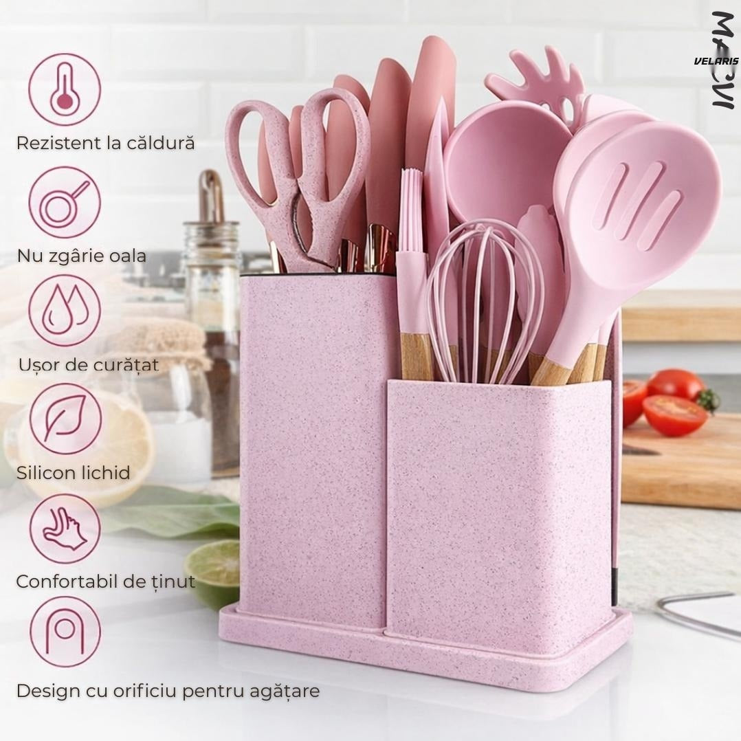 Set ustensile bucatarie silicon 19 piese cu suport cutite, tocator, linguri, spatule BPA-Free roz