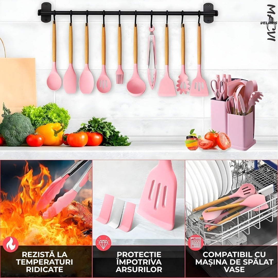Set ustensile bucatarie silicon 19 piese cu suport cutite, tocator, linguri, spatule BPA-Free roz