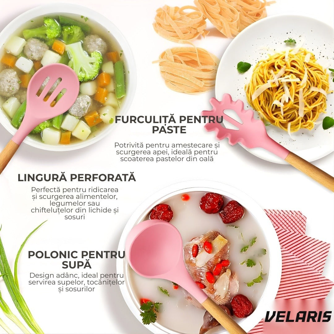 Set ustensile bucatarie silicon 19 piese cu suport cutite, tocator, linguri, spatule BPA-Free roz