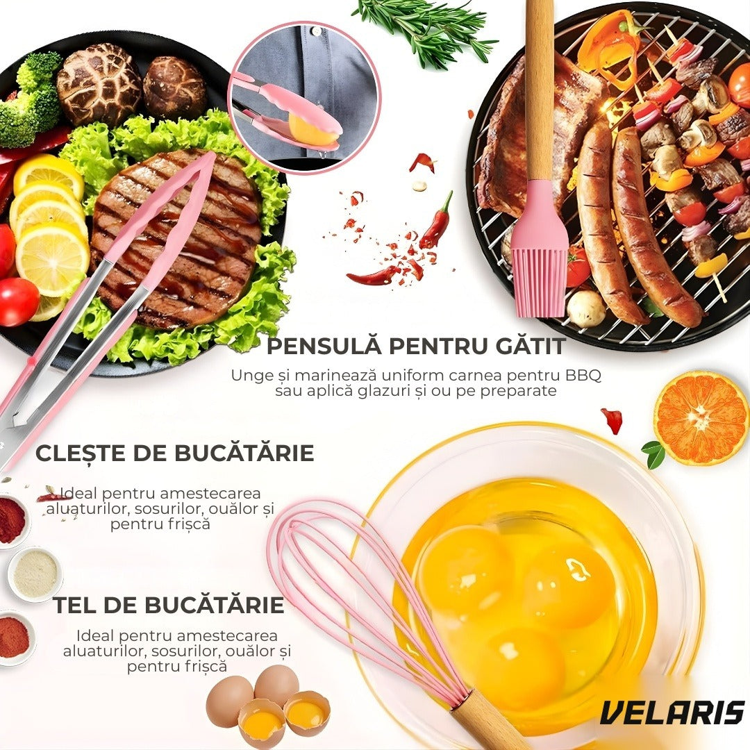 Set ustensile bucatarie silicon 19 piese cu suport cutite, tocator, linguri, spatule BPA-Free roz