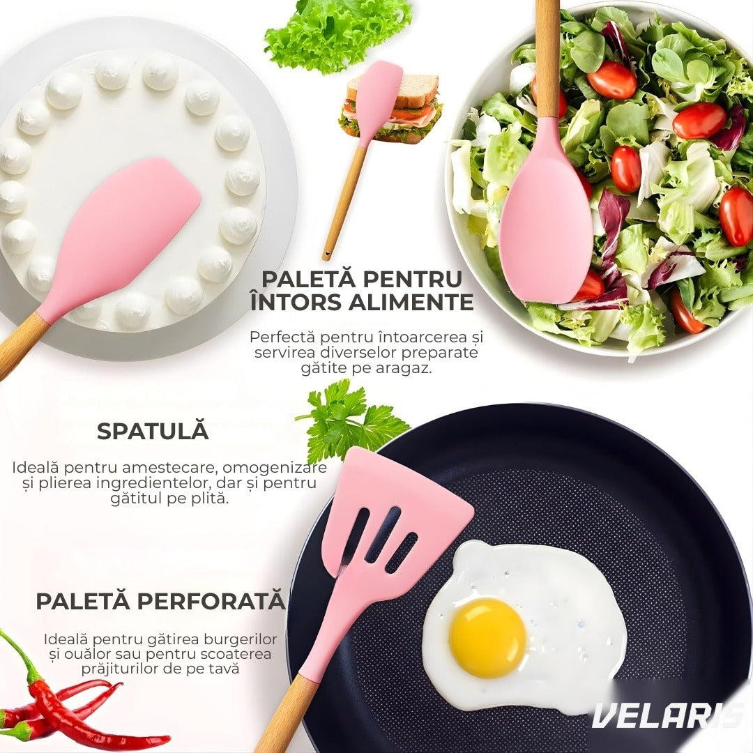Set ustensile bucatarie silicon 19 piese cu suport cutite, tocator, linguri, spatule BPA-Free roz