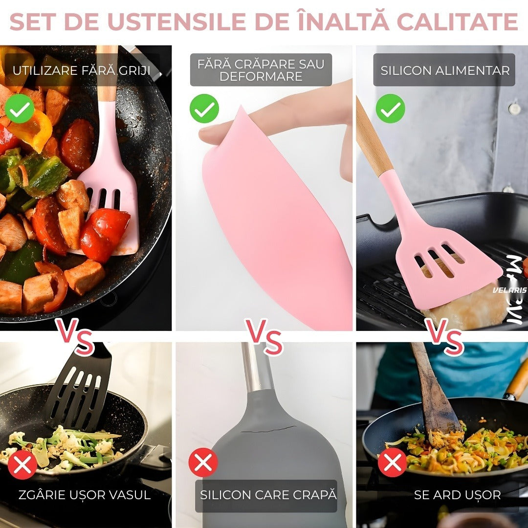 Set ustensile bucatarie silicon 19 piese cu suport cutite, tocator, linguri, spatule BPA-Free roz