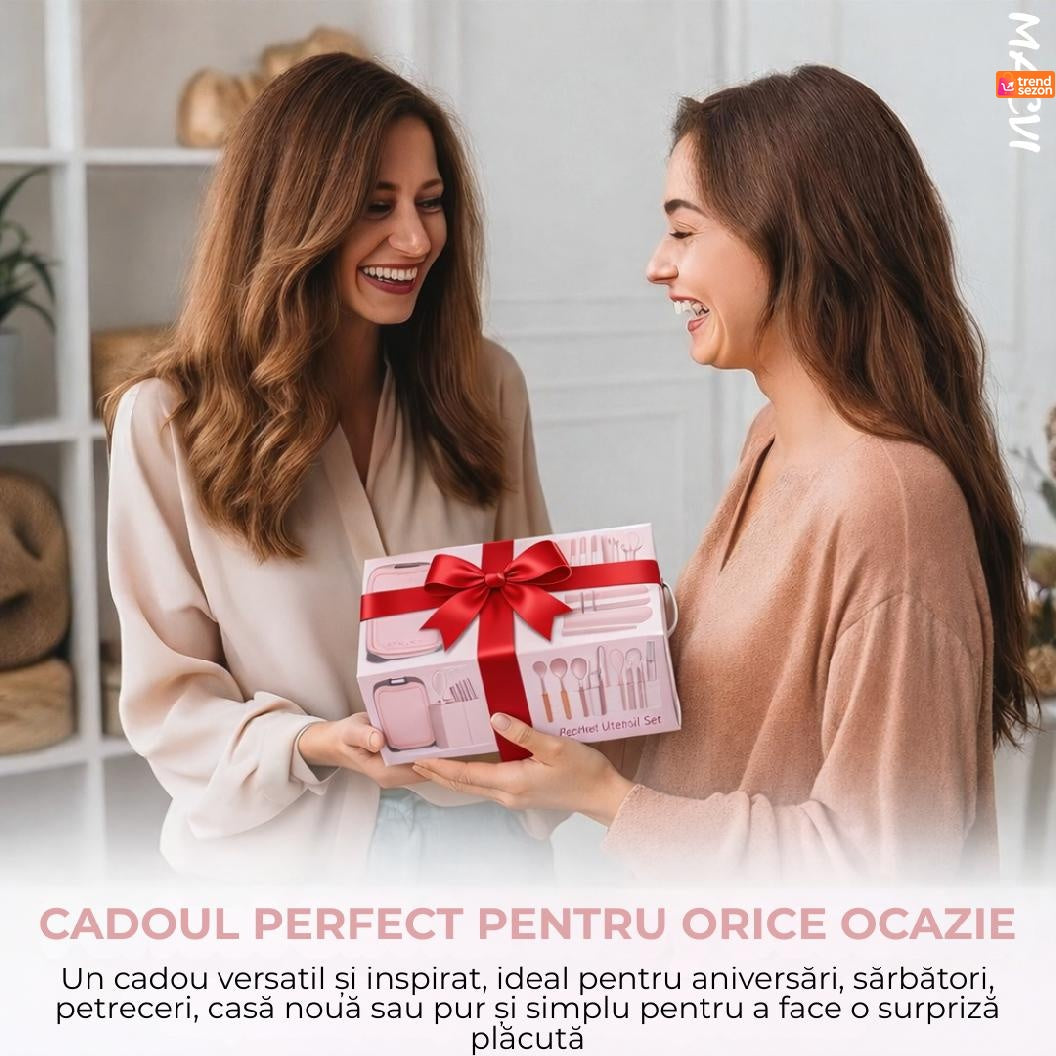 Set ustensile bucatarie silicon 19 piese cu suport cutite, tocator, linguri, spatule BPA-Free roz