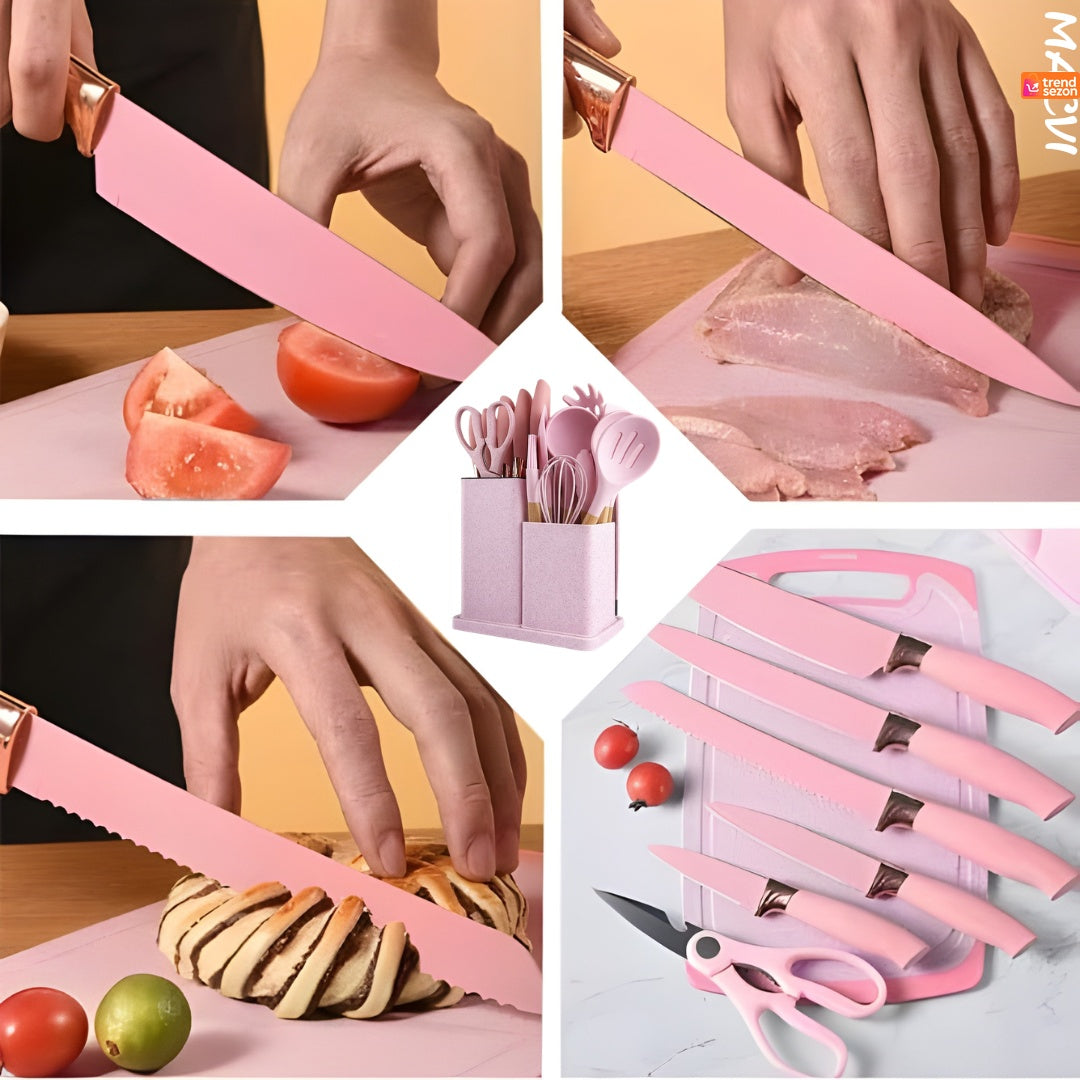 Set ustensile bucatarie silicon 19 piese cu suport cutite, tocator, linguri, spatule BPA-Free roz