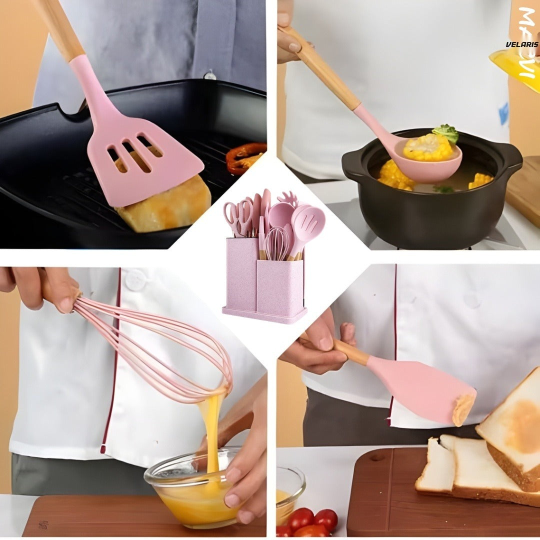Set ustensile bucatarie silicon 19 piese cu suport cutite, tocator, linguri, spatule BPA-Free roz