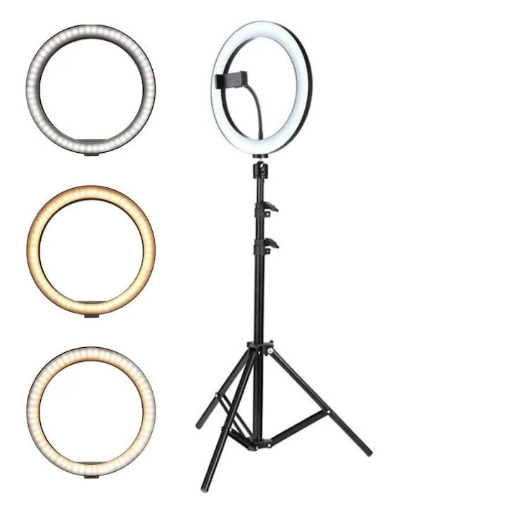 Lampă circulară LED profesională, diametru 30 cm, USB, 3 moduri de lumină, trepied 210 cm