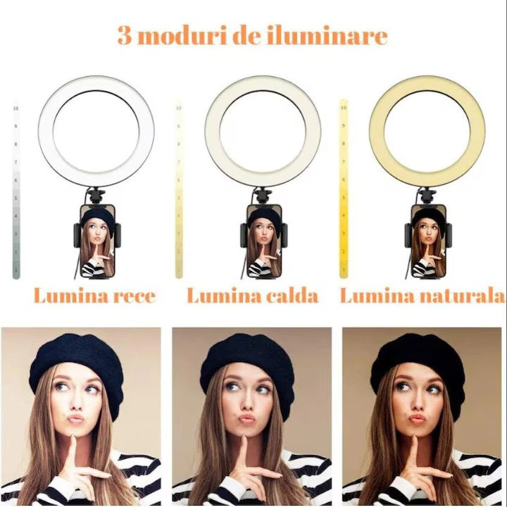 Lampă circulară LED profesională, diametru 30 cm, USB, 3 moduri de lumină, trepied 210 cm