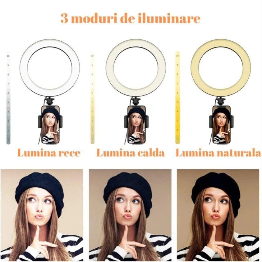 Ring light circular LED profesional, diametru 35 cm, conexiune USB, 3 moduri de iluminare