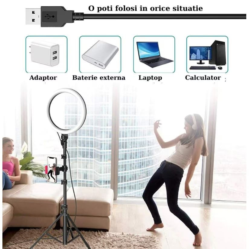 Ring light circular LED profesional, diametru 45 cm, conexiune USB, 3 moduri de iluminare