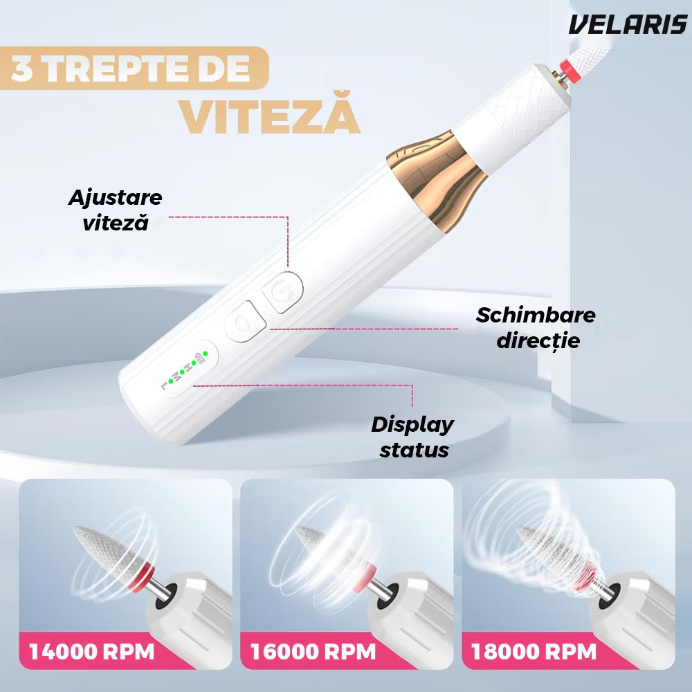 Aparat manichiură-pedichiură electric, 18000 RPM, wireless cu LED, 12 freze și 36 benzi șlefuire