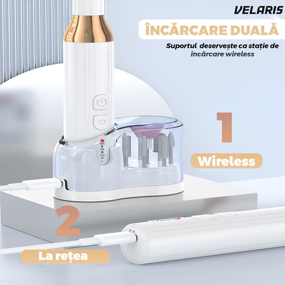 Aparat manichiură-pedichiură electric, 18000 RPM, wireless cu LED, 12 freze și 36 benzi șlefuire