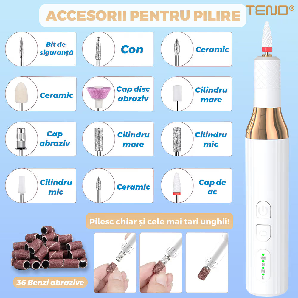 Aparat manichiură-pedichiură electric, 18000 RPM, wireless cu LED, 12 freze și 36 benzi șlefuire