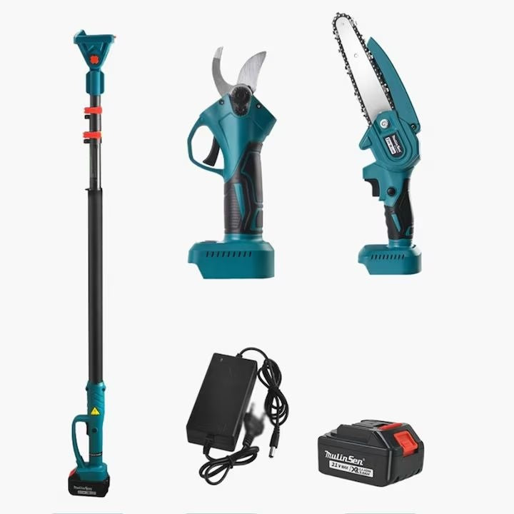 Set fierăstrău și foarfece electric de grădină cu braț extensibil până la 213 cm, baterie 21V inclusă