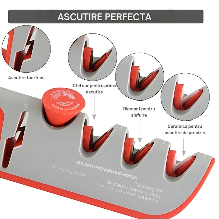 Ascuțitor cuțite profesional 4 în 1, unghi ajustabil 14-24°, roșu-gri