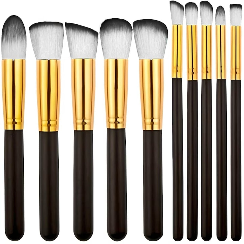 Set pensule machiaj profesional 10 bucăți, peri sintetici, mânere ergonomice negru și auriu